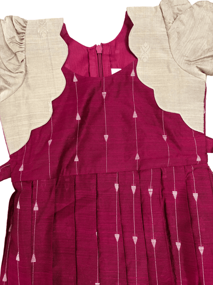 Girls Ethnic Rawsilk Frock | Maroon with muted gold finish