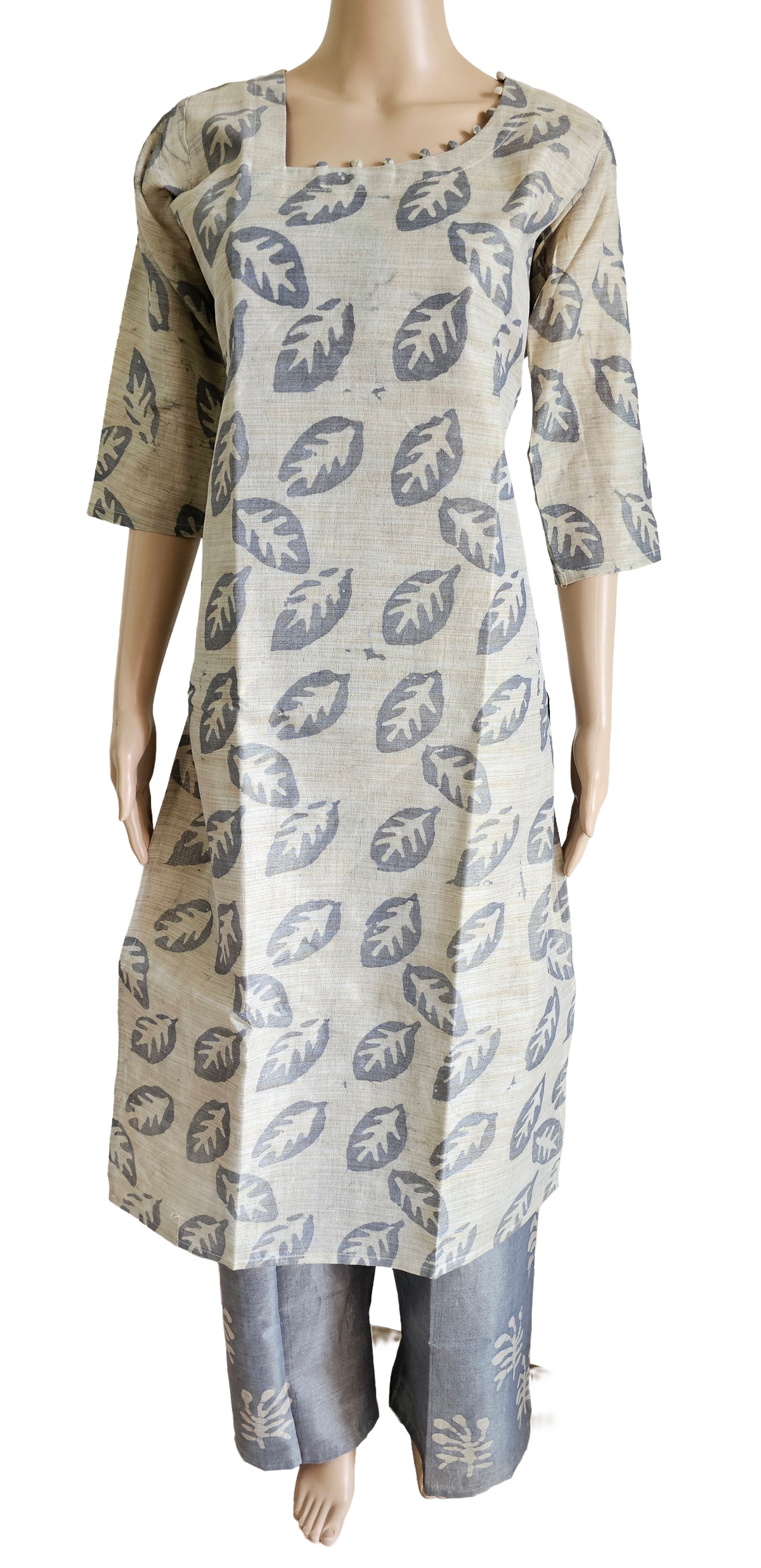 Women shining cotton dupion kurti with pant and dupatta | Light skin with grey designs 3 piece sets