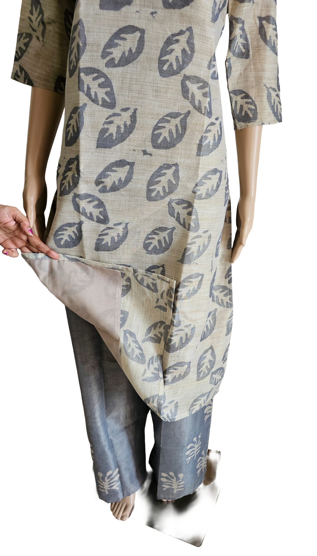 Women shining cotton dupion kurti with pant and dupatta | Light skin with grey designs 3 piece sets