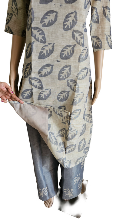 Women shining cotton dupion kurti with pant and dupatta | Light skin with grey designs 3 piece sets