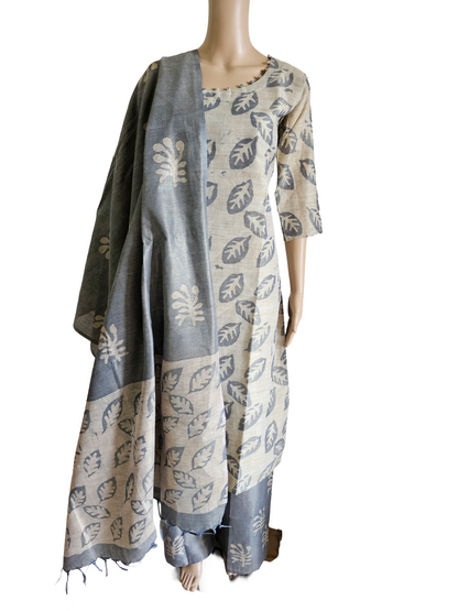 Women shining cotton dupion kurti with pant and dupatta | Light skin with grey designs 3 piece sets