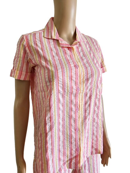 Women Collared Co-ord shirt Pant set | Pink and yellow striped