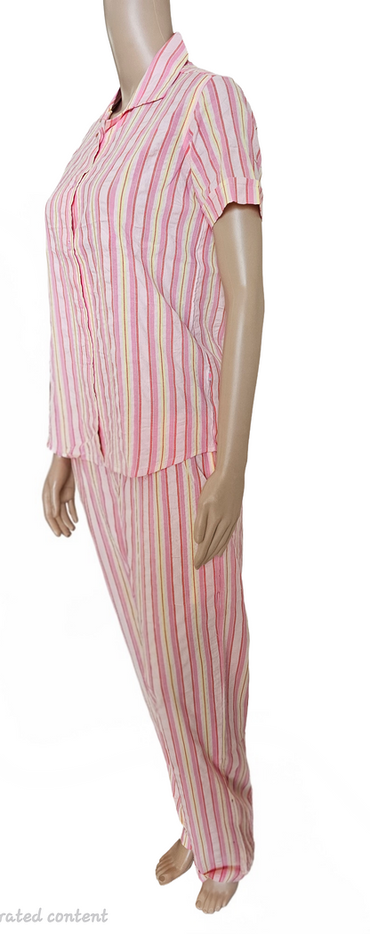 Women Collared Co-ord shirt Pant set | Pink and yellow striped