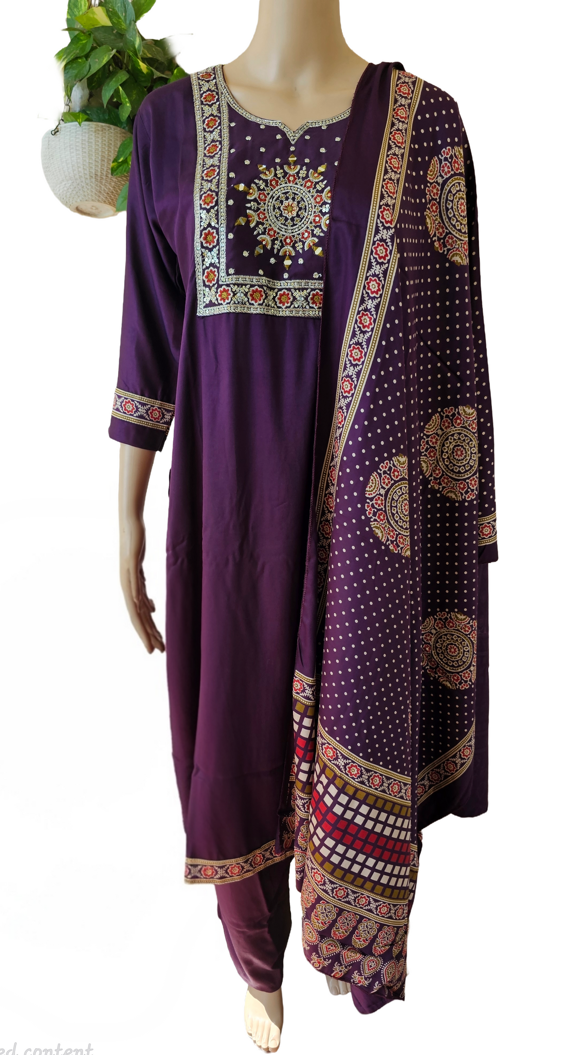 Women kurti with pant and dupatta | Purple with embroidery in Gajji Silk