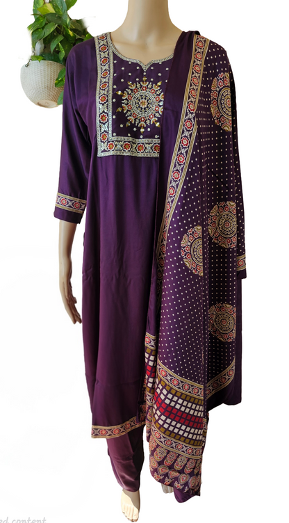 Women kurti with pant and dupatta | Purple with embroidery in Gajji Silk