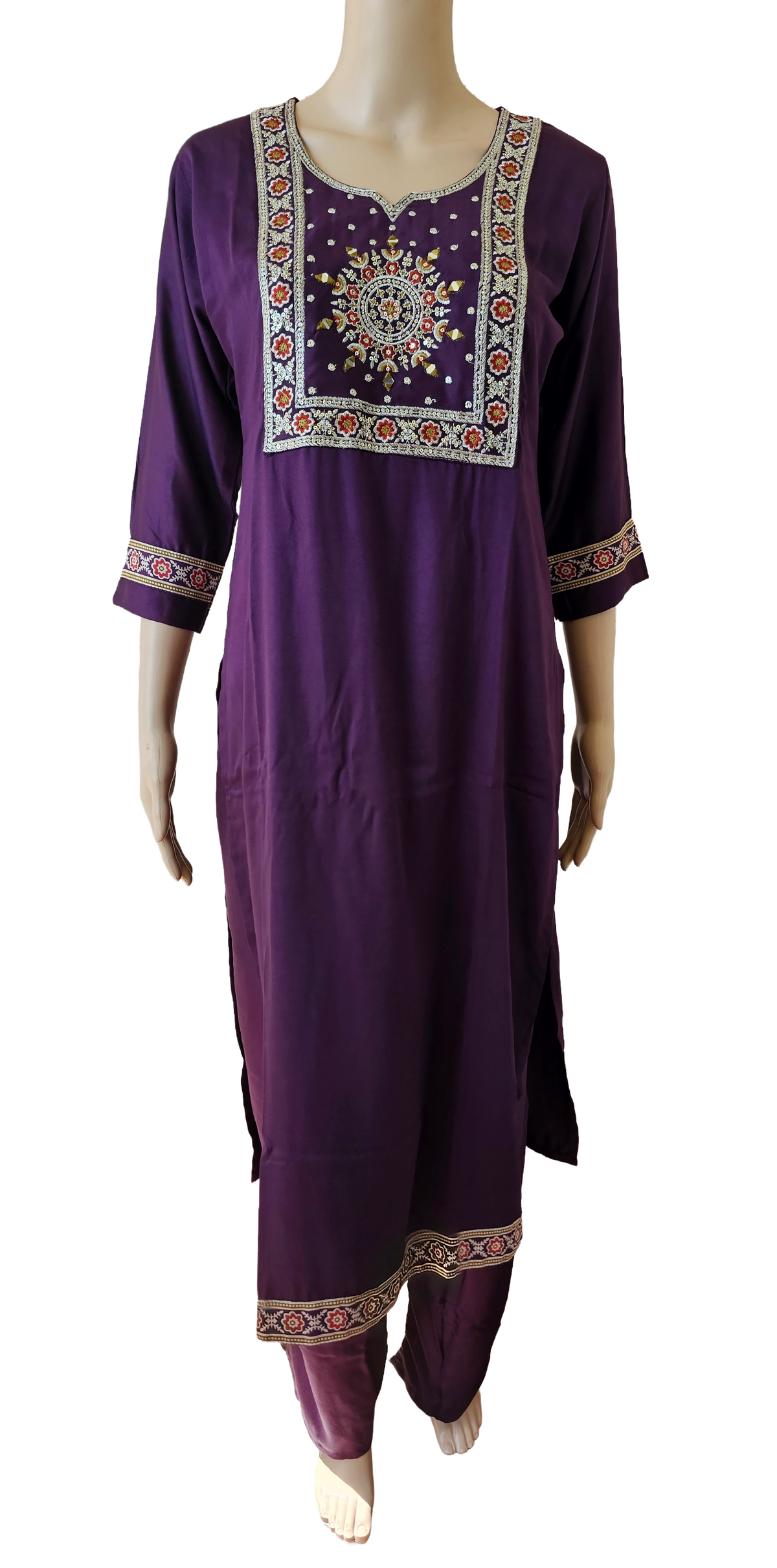 Women kurti with pant and dupatta | Purple with embroidery in Gajji Silk