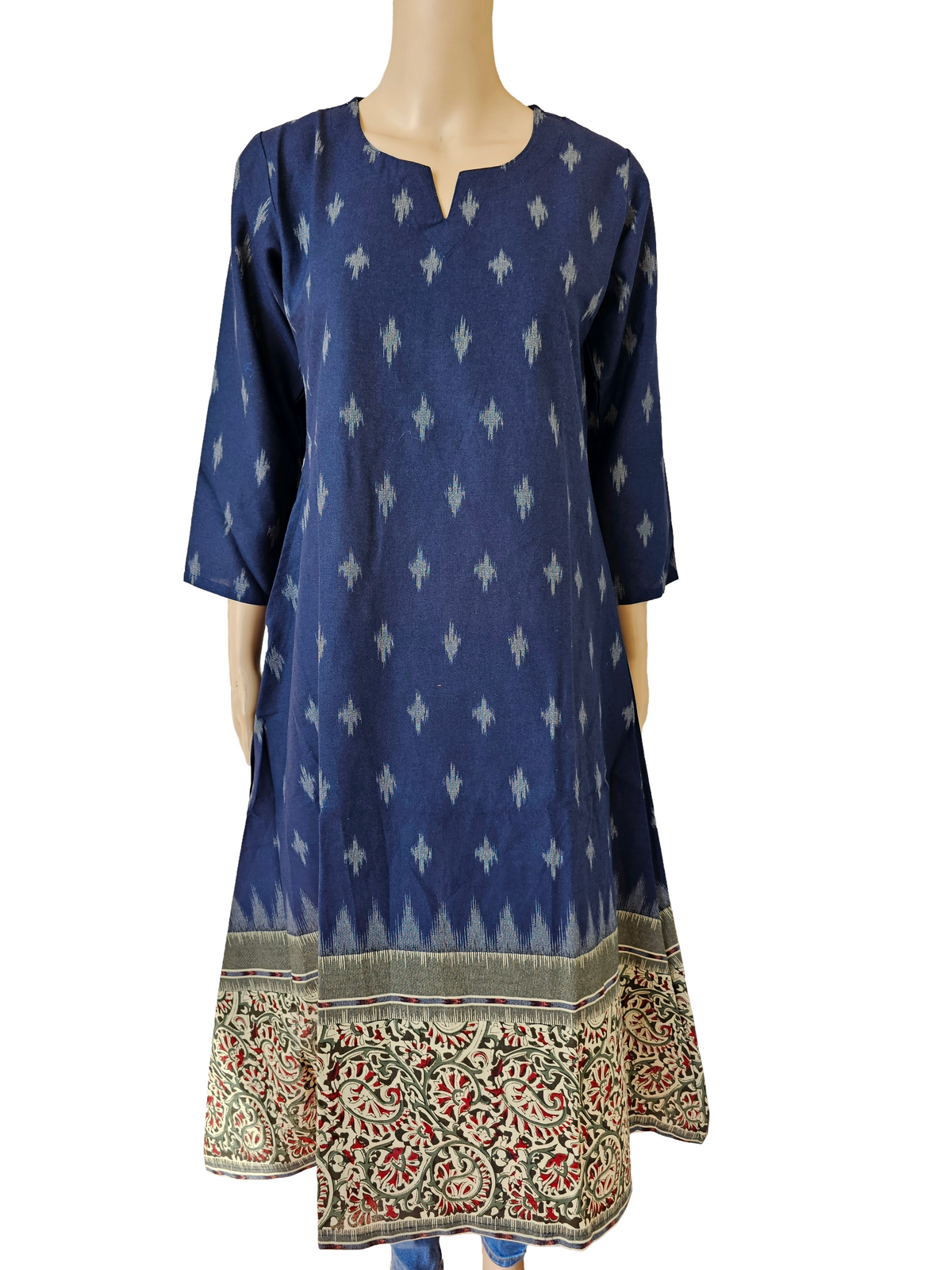 Women Kurti Top | Ikkat with kalamkaari Aline cut | only kurti in Navy blue