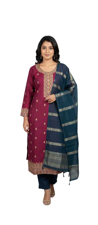Women kurti with pant and dupatta | Dark Pinkish maroon with embroidery and bhutta