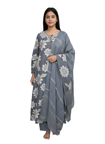 Women kurti with pant and dupatta | Straight cut | Elephant grey with big floral print