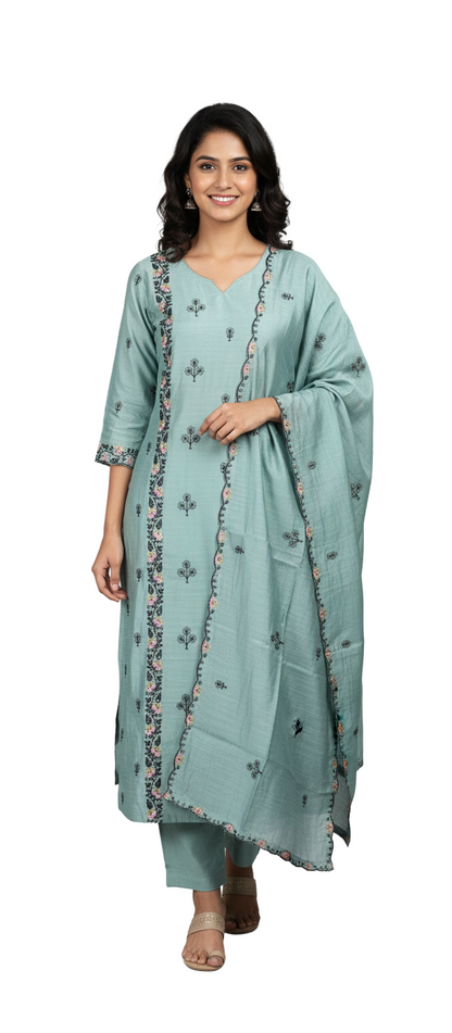 Women kurti with pant and dupatta | Greenish grey with embroidery | Top with lining