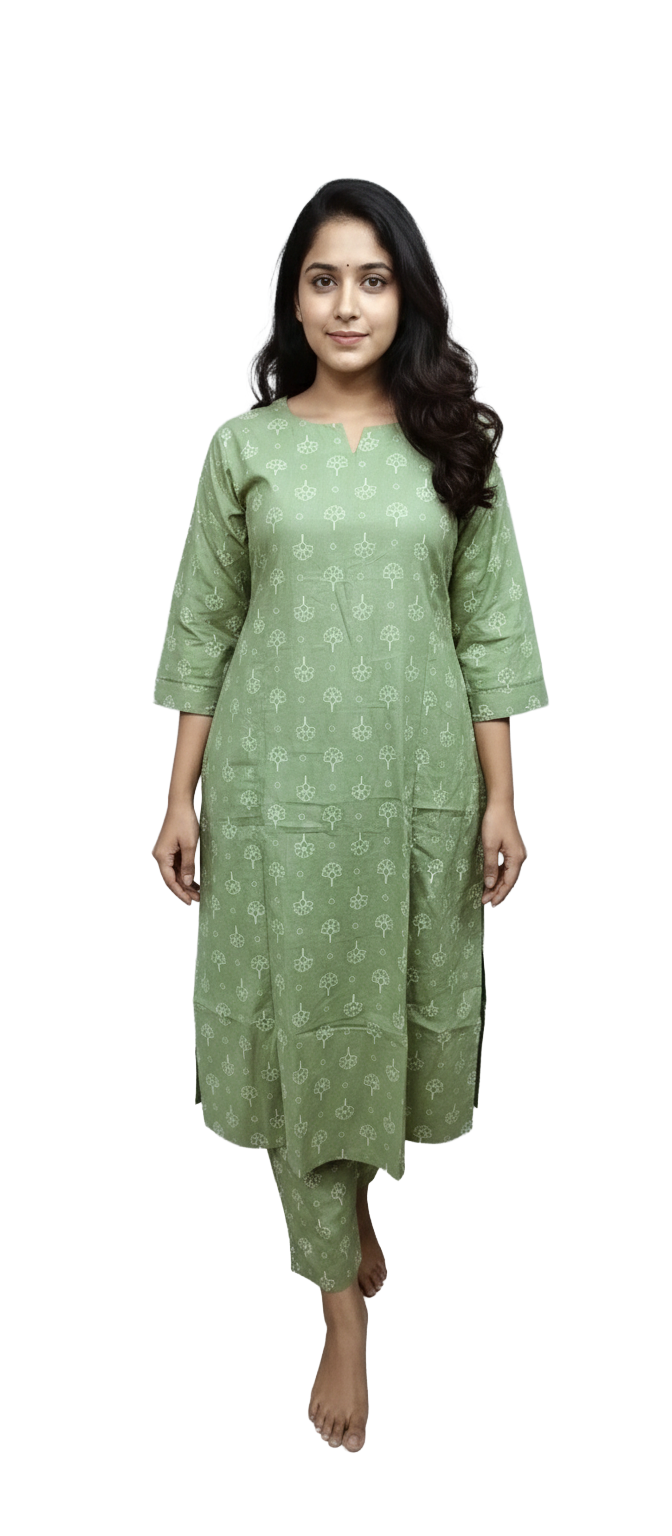 Women kurti with pant | A-line cut | Light Pista Green Kurti set