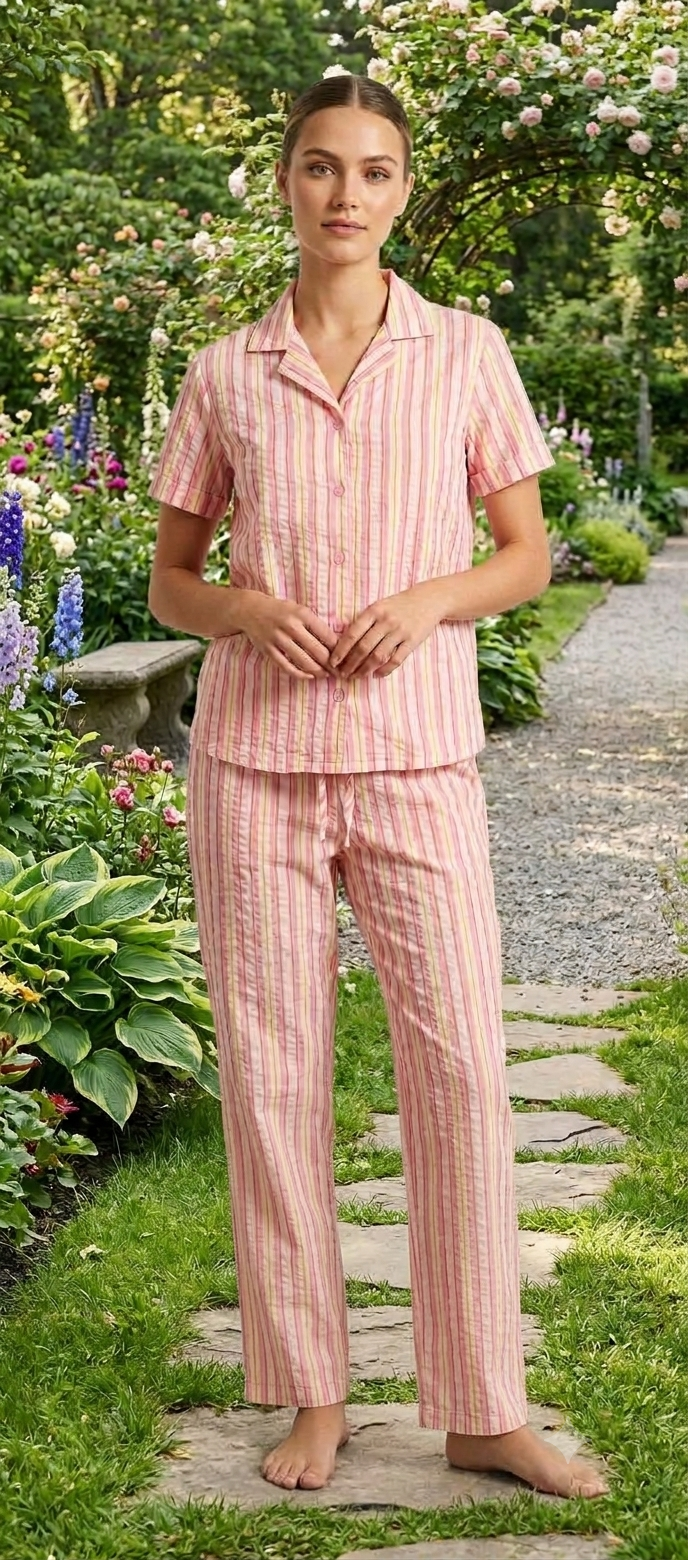 Women Collared Co-ord shirt Pant set | Pink and yellow striped