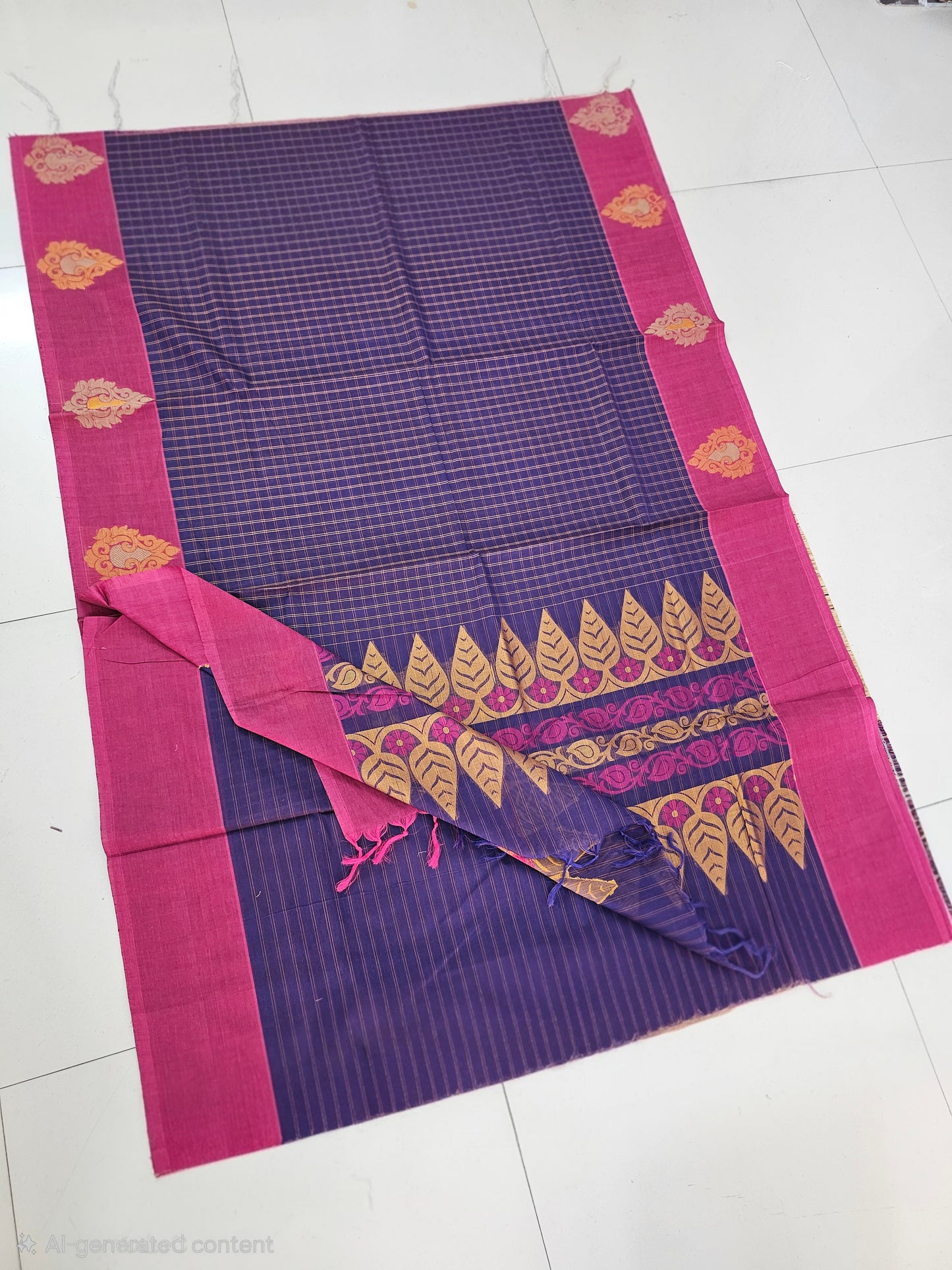 Premium Pure Kovai Cotton Saree | Dark Purple checks with beautiful bhutta in contract border