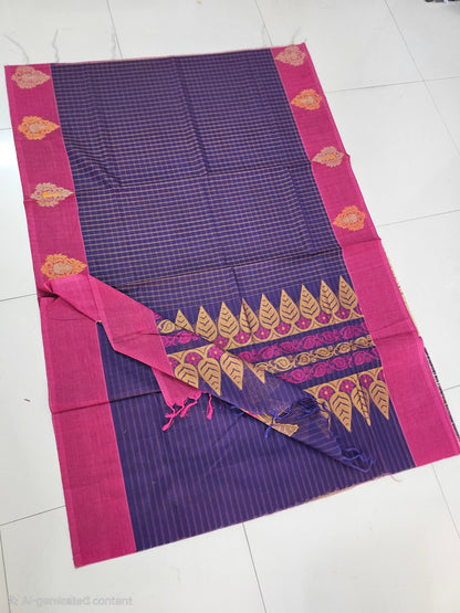 Premium Pure Kovai Cotton Saree | Dark Purple checks with beautiful bhutta in contract border