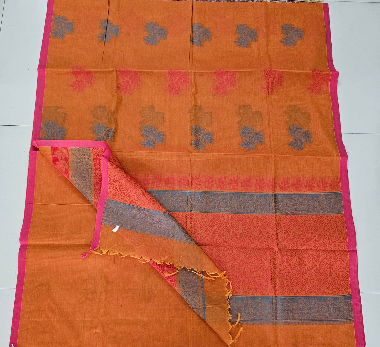 Premium Pure Kovai Cotton Saree | Orangish Yellow with Bhuttas all over body and pink color border