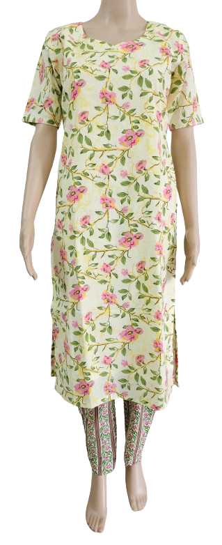 Women kurti with pant | Pure cotton Yellow Floral kurti with Lining | CUSTOMSET