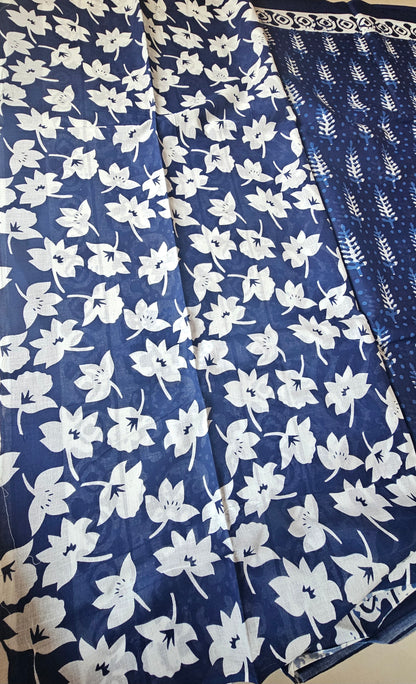 Mul Mul Cotton Saree| Navy white tree