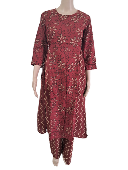 Women kurti with pant | Cotton Dual print Frill Kurti Palazzo set |Maroon Pattern | FRILLKURTI