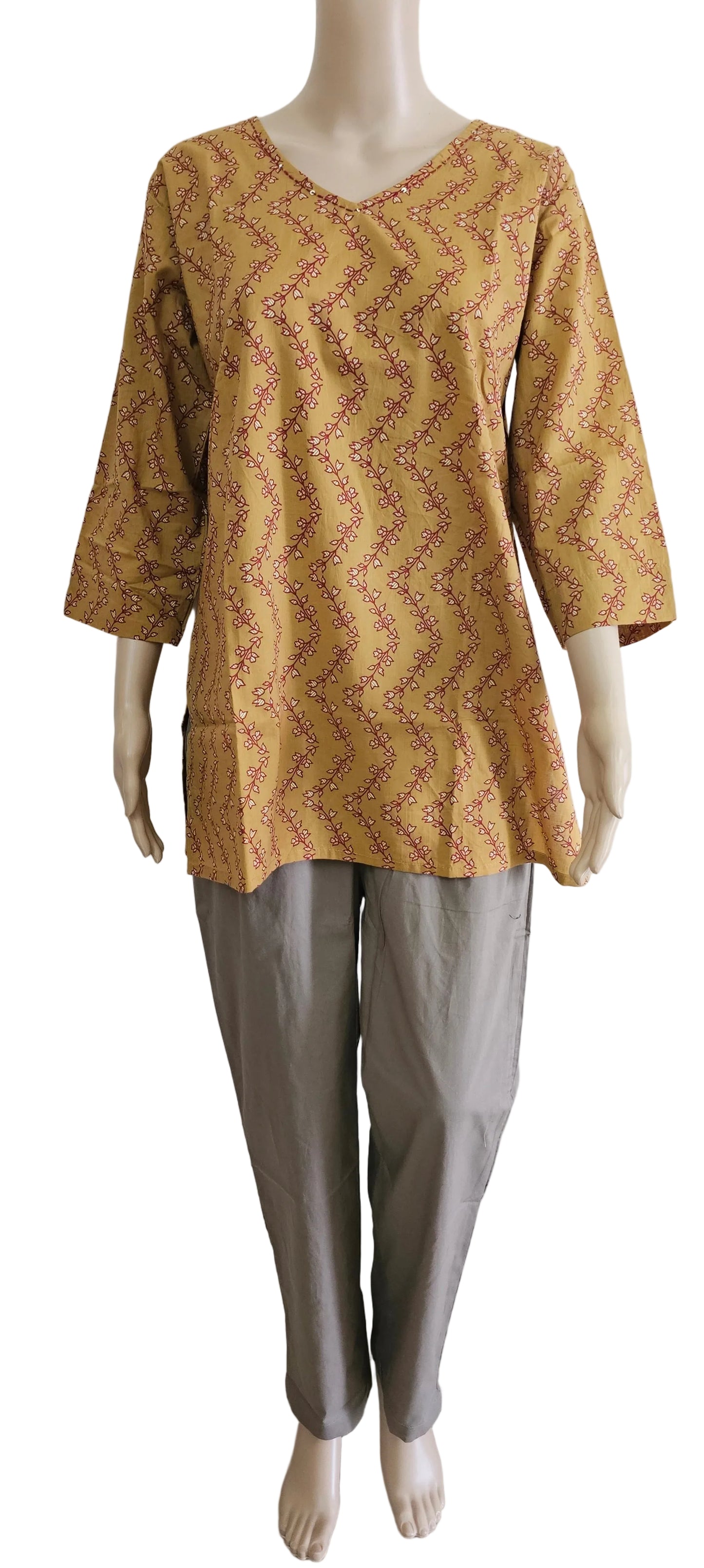 Women's Cotton Short Kurti | Mustard base with florals on zigzag