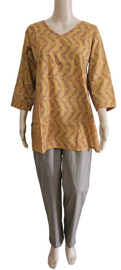 Women's Cotton Short Kurti | Mustard base with florals on zigzag