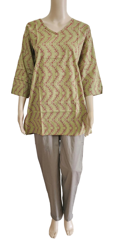 Women's Cotton Short Kurti | Light Mehandi green with florals on zigzag