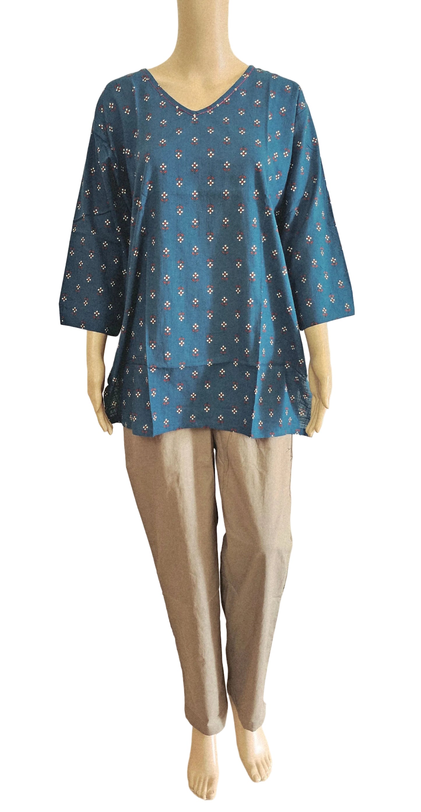 Women's Cotton Short Kurti | Small bhutta in peacock blue