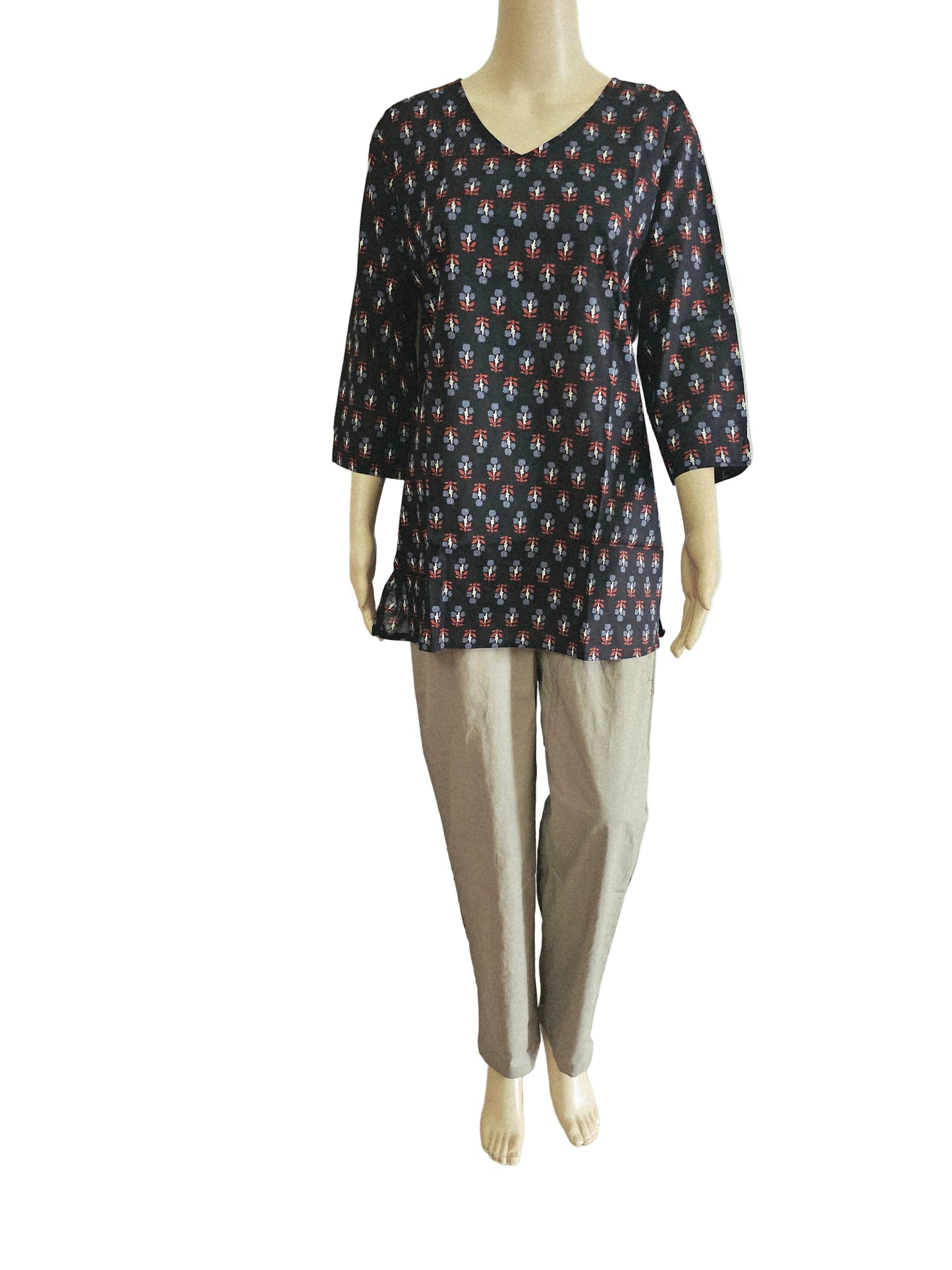Women's Cotton Short Kurti | Red grey bhutta in black
