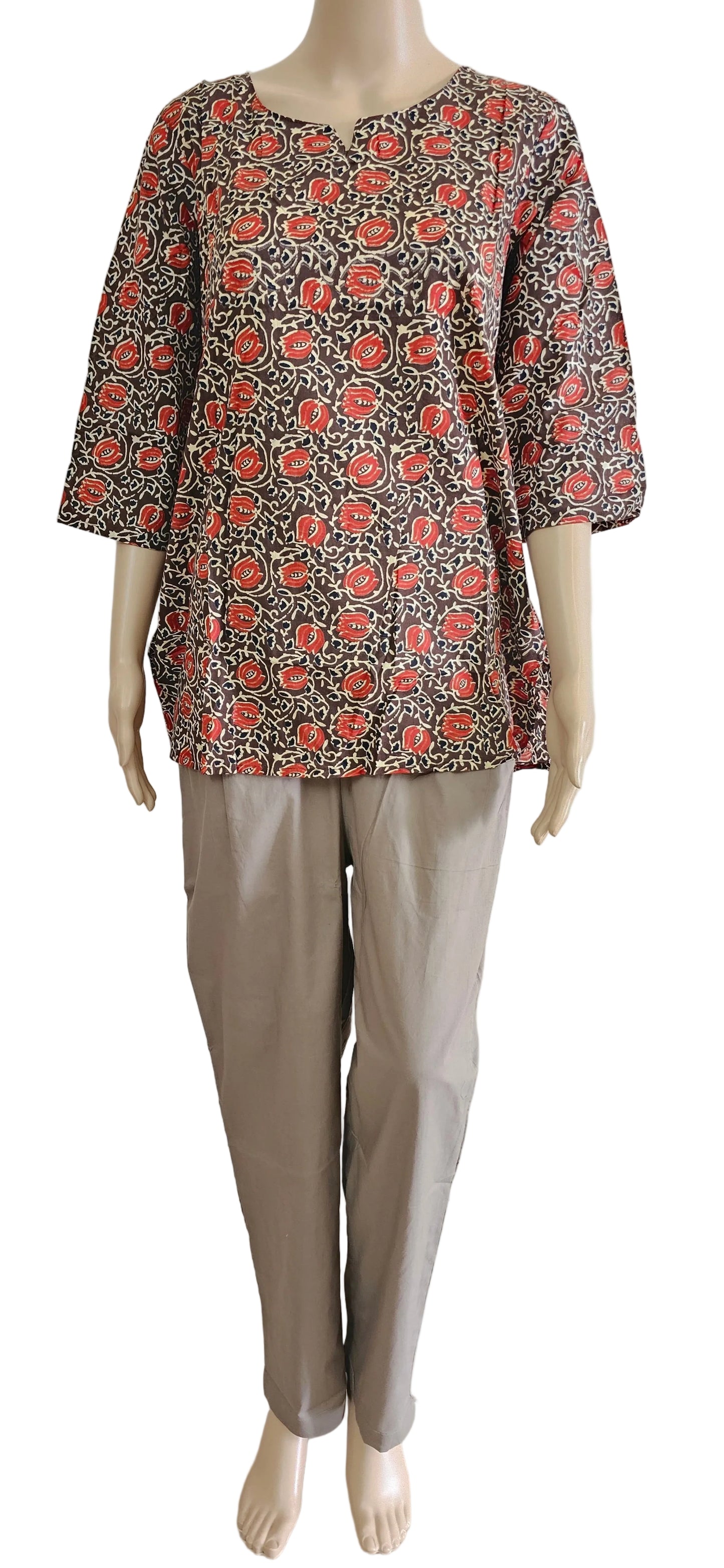 Women's Cotton Short Kurti | Brown base with lotus