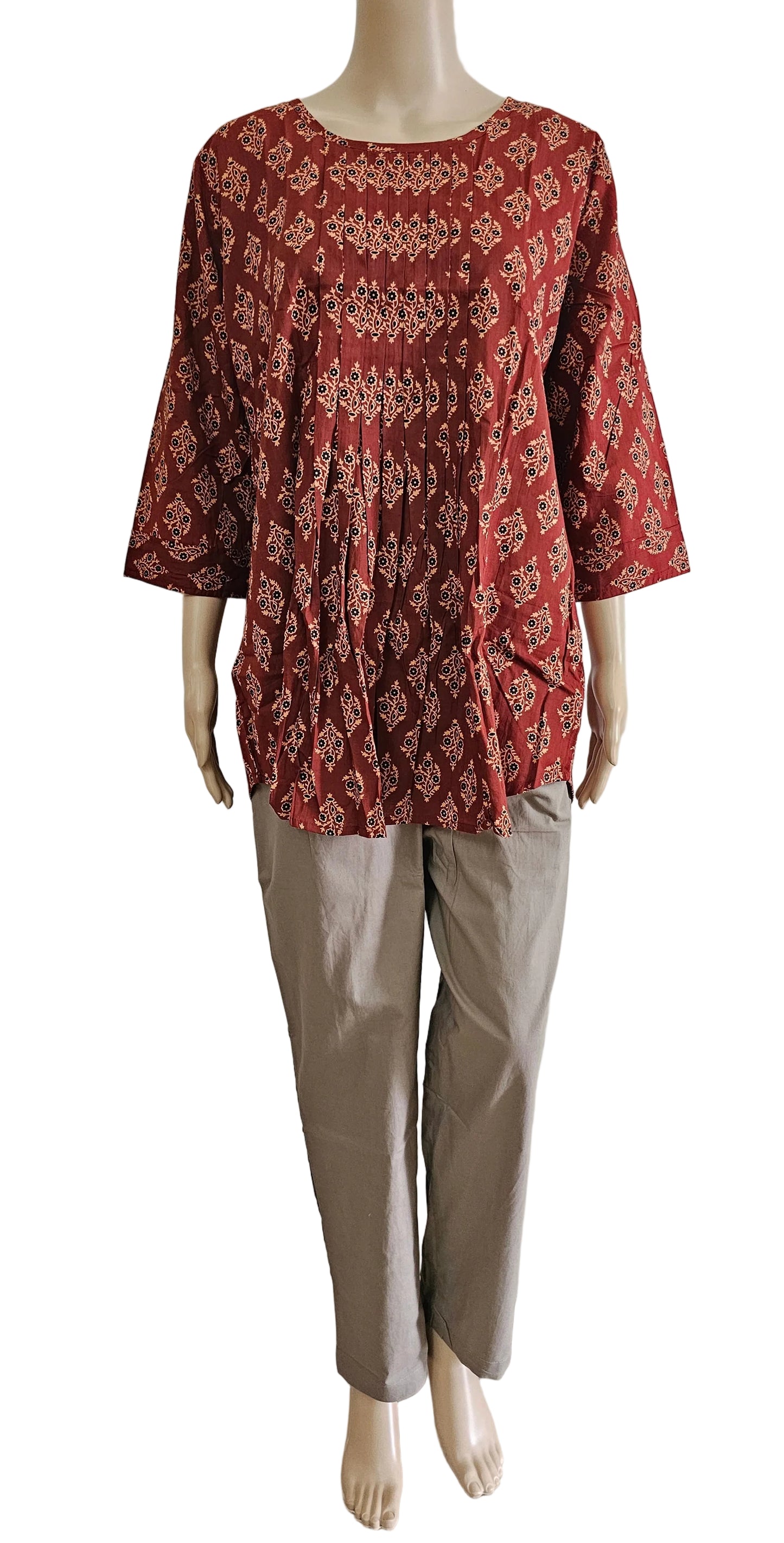 Women's Cotton Short Kurti | Red maroon pintuck top