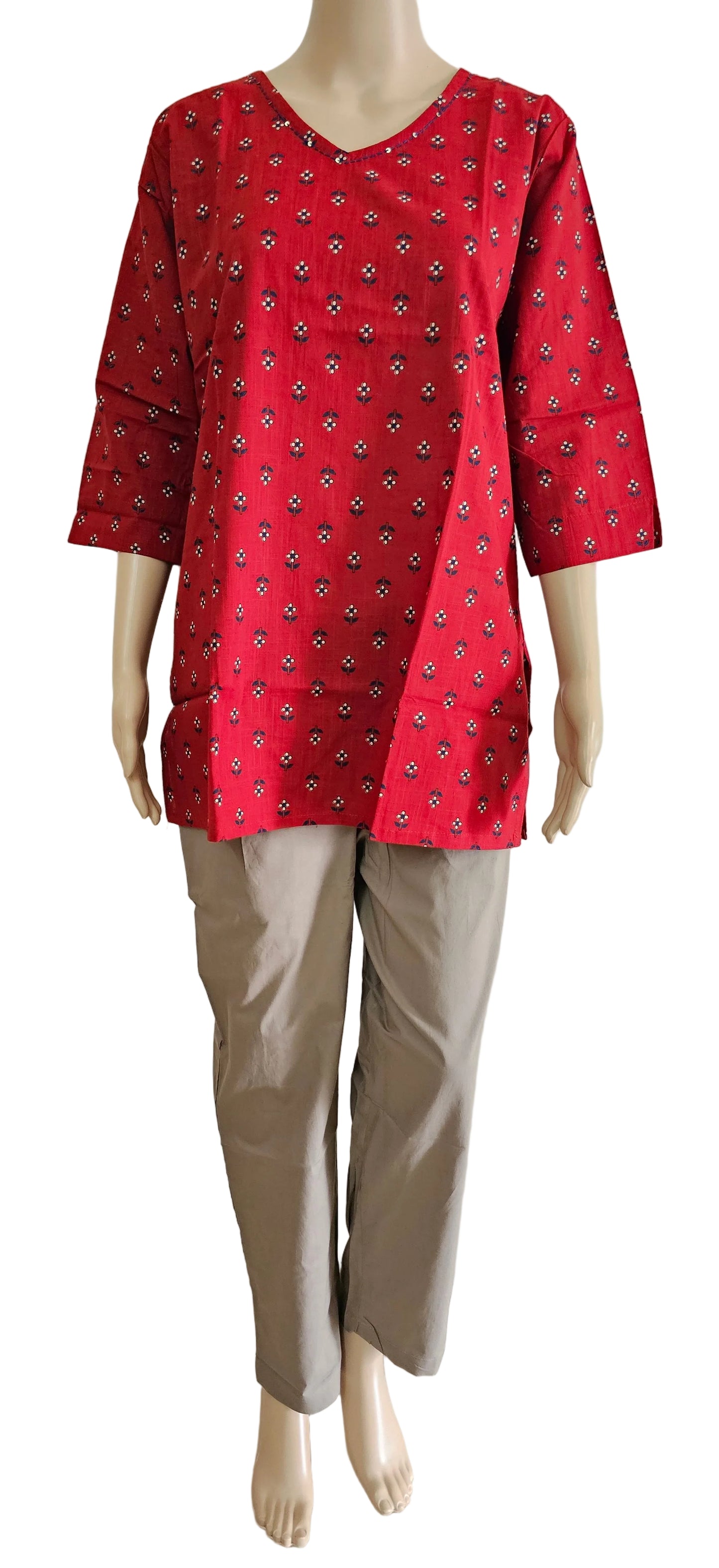 Women's Cotton Short Kurti | Small bhutta in red maroon