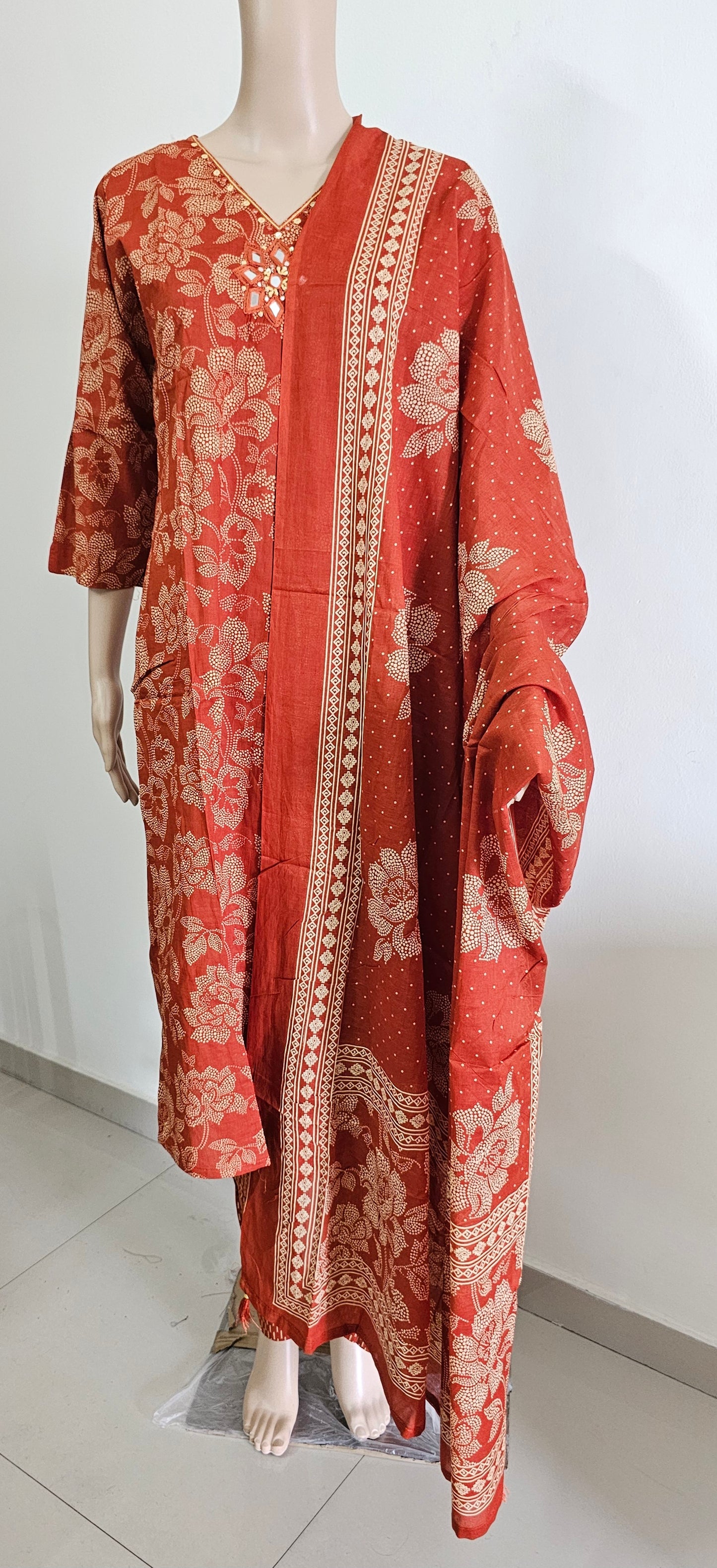 Women kurti with pant and dupatta | Straight cut | Brick orange with dotted flowers l Cottonlove