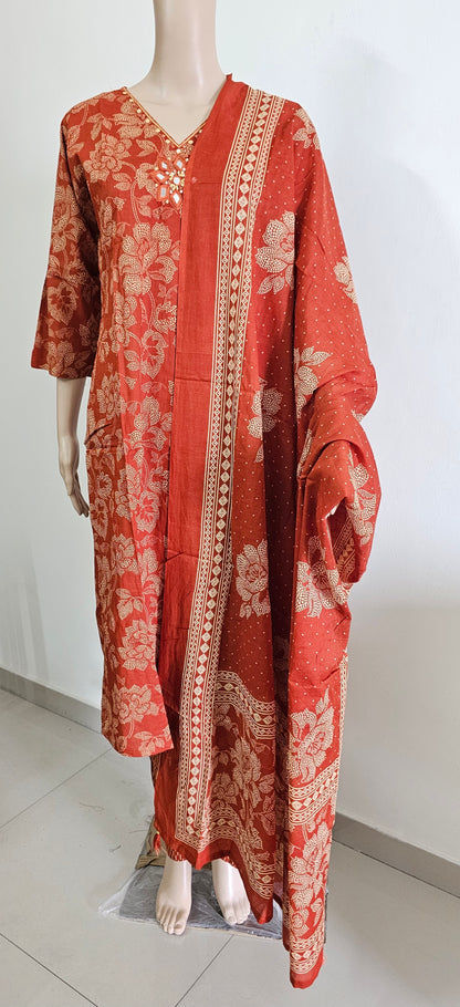 Women kurti with pant and dupatta | Straight cut | Brick orange with dotted flowers l Cottonlove