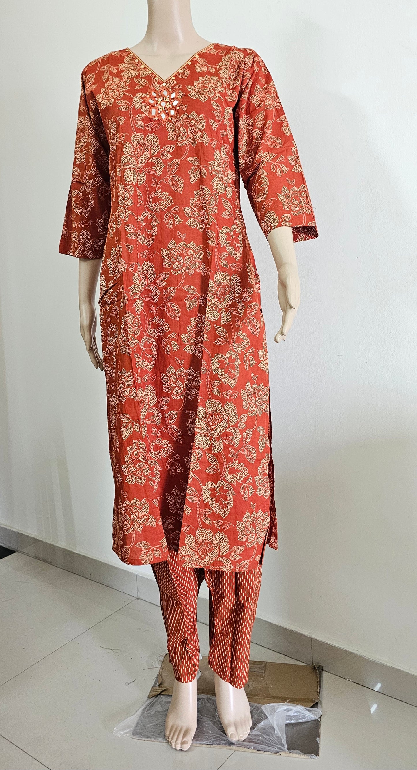 Women kurti with pant and dupatta | Straight cut | Brick orange with dotted flowers l Cottonlove