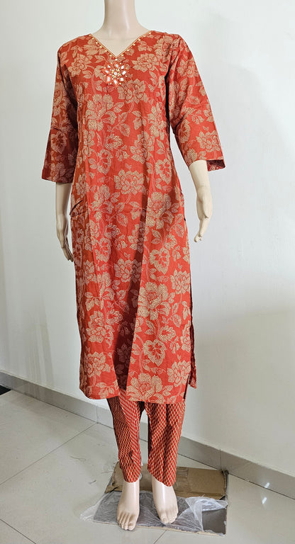 Women kurti with pant and dupatta | Straight cut | Brick orange with dotted flowers l Cottonlove