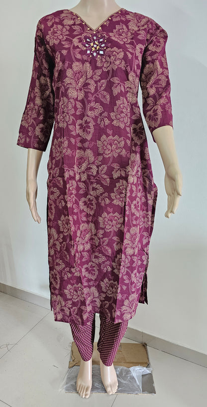 Women kurti with pant and dupatta | Straight cut | Dark Majenta with dotted flowers l cottonlove