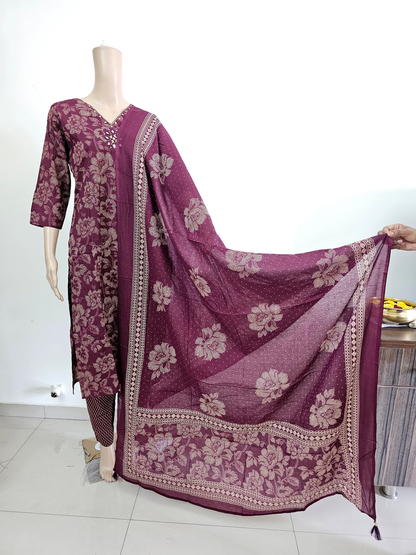 Women kurti with pant and dupatta | Straight cut | Dark Majenta with dotted flowers l cottonlove