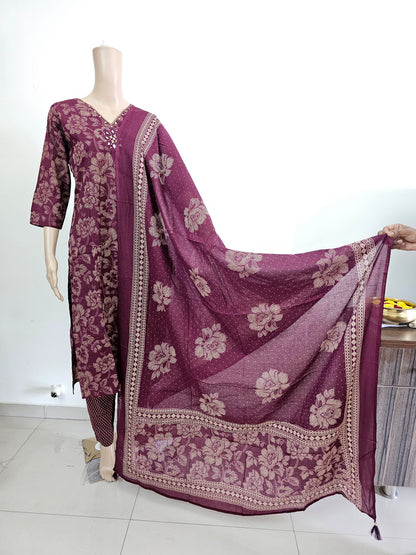Women kurti with pant and dupatta | Straight cut | Dark Majenta with dotted flowers l cottonlove