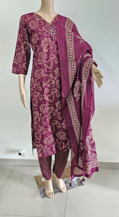 Women kurti with pant and dupatta | Straight cut | Dark Majenta with dotted flowers l cottonlove