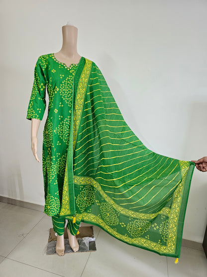 Women kurti with pant and dupatta | Straight cut | Green with yellow Bhandhani type l cottonlove