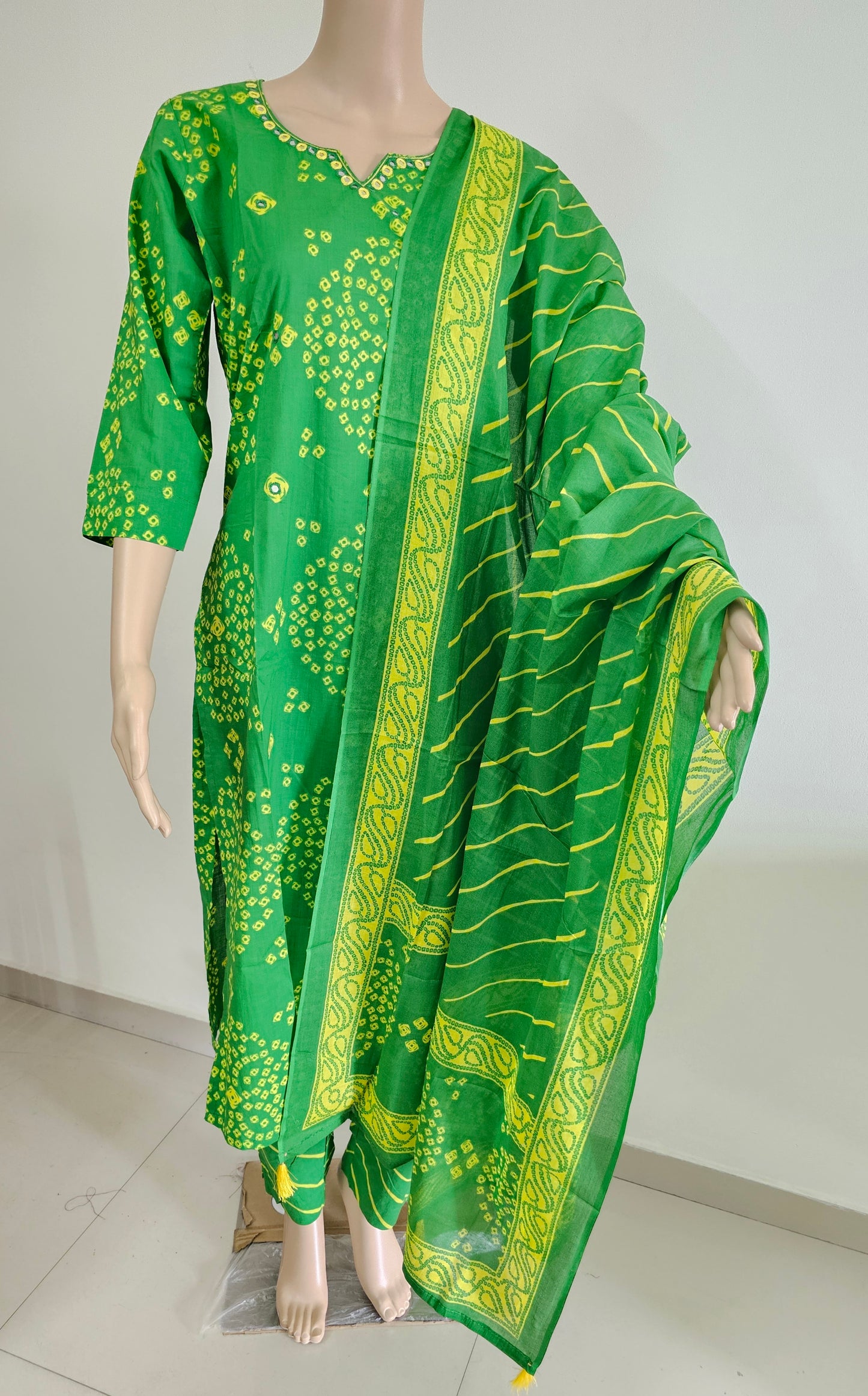 Women kurti with pant and dupatta | Straight cut | Green with yellow Bhandhani type l cottonlove
