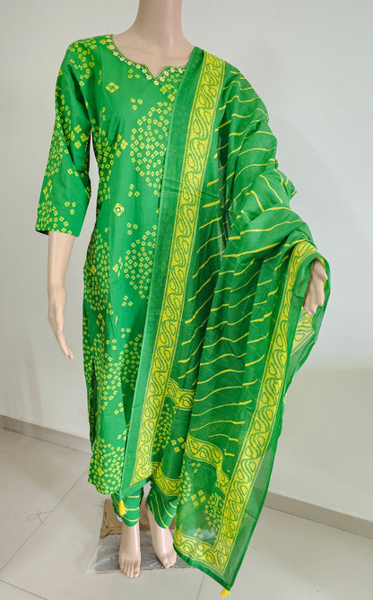 Women kurti with pant and dupatta | Straight cut | Green with yellow Bhandhani type l cottonlove