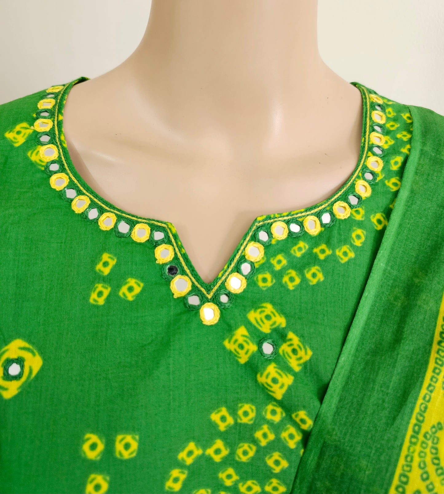 Women kurti with pant and dupatta | Straight cut | Green with yellow Bhandhani type l cottonlove