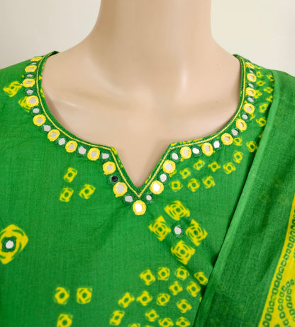 Women kurti with pant and dupatta | Straight cut | Green with yellow Bhandhani type l cottonlove
