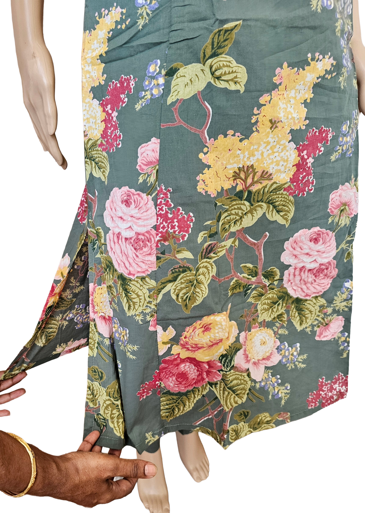 Women kurti with pant and dupatta | Aline cut with side slit| Multicolor florals in light seaweed green base