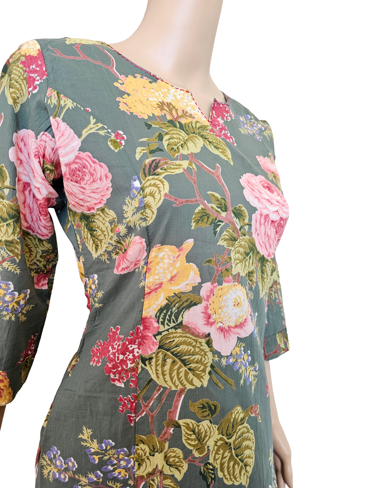 Women kurti with pant and dupatta | Aline cut with side slit| Multicolor florals in light seaweed green base