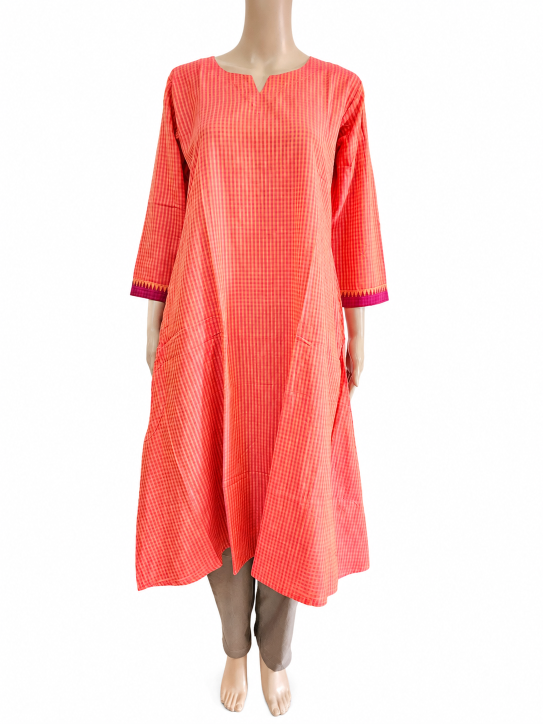 Women Kurti | Aline orange with pinkish maroon check patterns | only kurti top | MADRASCHECKS