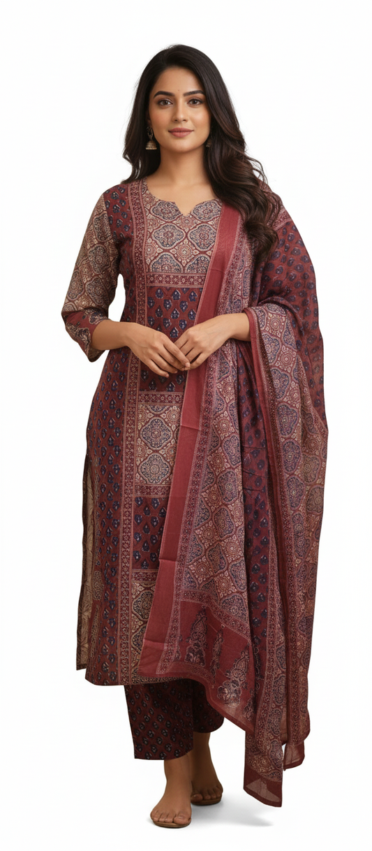 Women kurti with pant and dupatta | Straight cut | Ajrakh patch maroon set