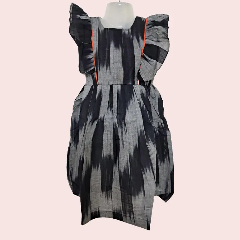 Cotton Ikkat Frocks | Black with grey and orange piping