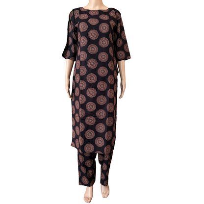 Women Co-Ord kurti with pant (Top with lining) | Ajrakh circle print black sets