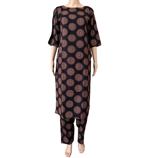Women Co-Ord kurti with pant (Top with lining) | Ajrakh circle print black sets